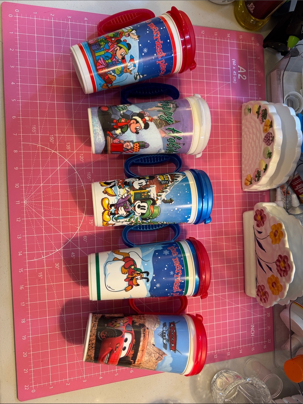 Disney Kids Travel Mugs Set with Red and Blue Lids and Colorful Character Wraps